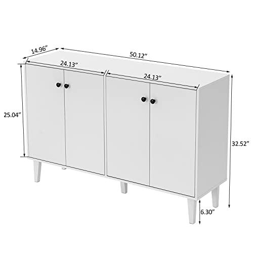 White Sideboard Buffet Cabinet with 4 Doors, Kitchen and Living Room Storage Console Table