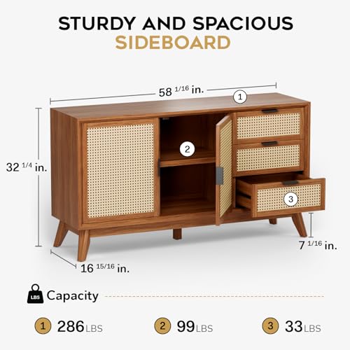 **58" Rattan Buffet Sideboard with 3 Drawers and 2 Doors, Pre-Assembled Accent Console Table for Living Room, Kitchen, or Dining, Dark Chocolate**
