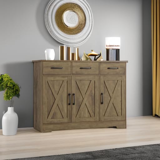 **HOSTACK Modern Farmhouse Buffet Sideboard Cabinet with Barn Doors, Drawers, and Shelves, Wood Coffee Bar Station for Dining Room, Kitchen, or Living Room, Rustic Brown**
