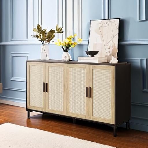 **JASIWAY Sideboard Buffet Cabinet with Storage, Rattan Kitchen Buffet Cabinet with Doors, Accent Coffee Bar Sideboard Cabinet for Living Room, Entryway, and Kitchen, Black**