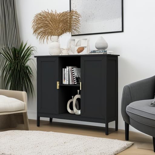 White Buffet Cabinet with Storage, Modern Wooden Narrow Sideboard Credenza with Doors for Entryway or Living Room