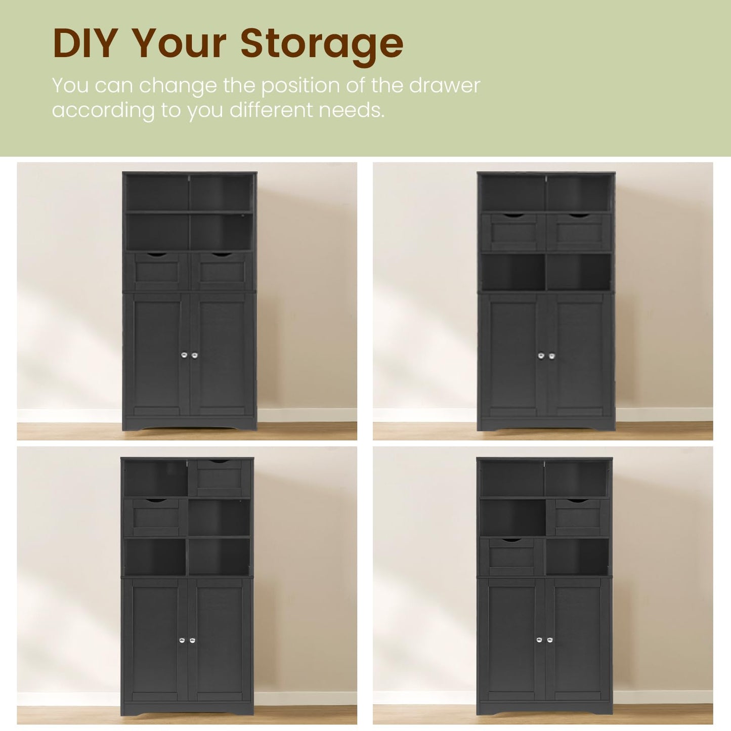Tall Storage Cabinet with 2 Drawers and Adjustable Shelves, Black Bathroom or Living Room Cabinet for Dining Room or Entryway