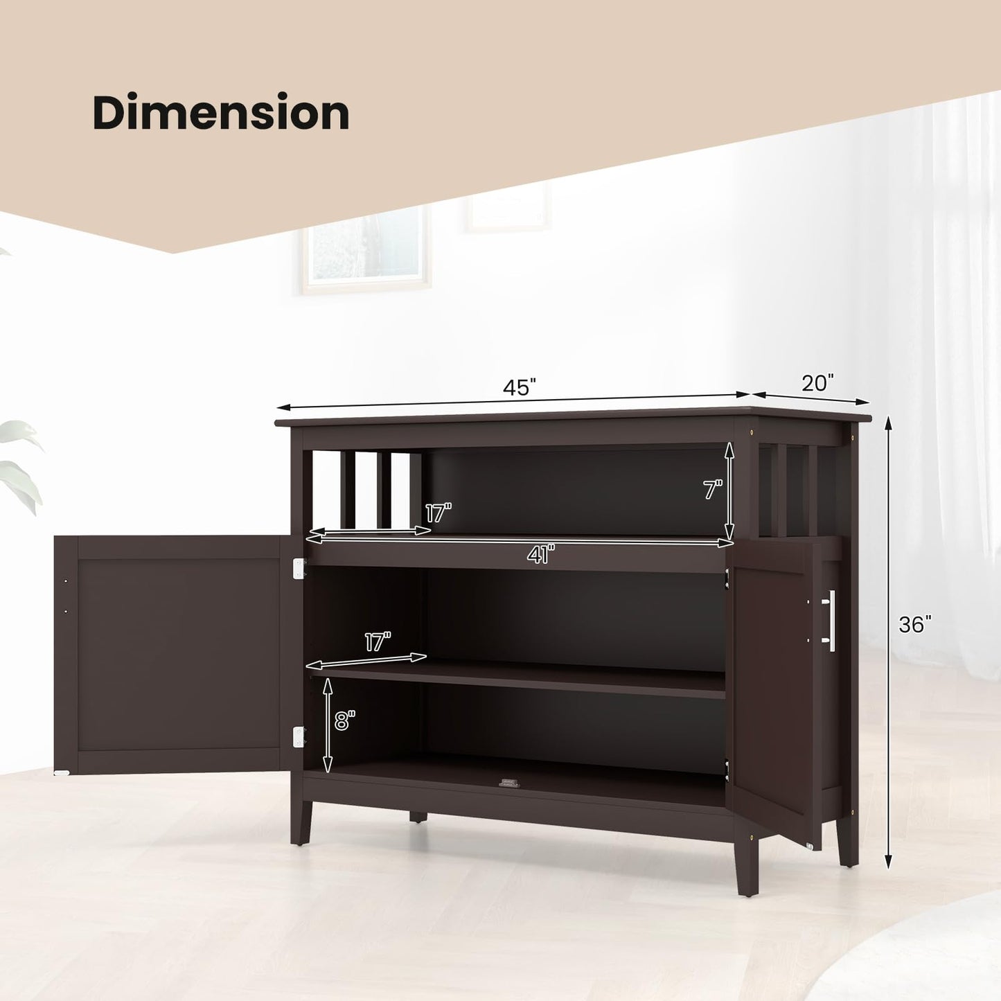 Freestanding Buffet Cabinet with Adjustable Shelf, Kitchen Storage Sideboard Console Table, 45" x 20" x 36", Brown