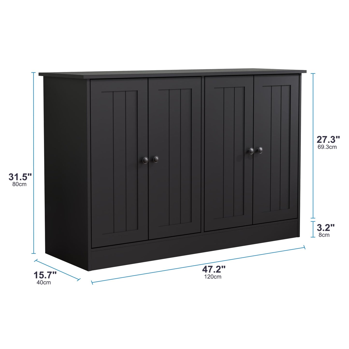 47" Sideboard Buffet Cabinet with 4 Doors, Modern Farmhouse Coffee Bar Storage Table for Kitchen, Dining, or Living Room, Black