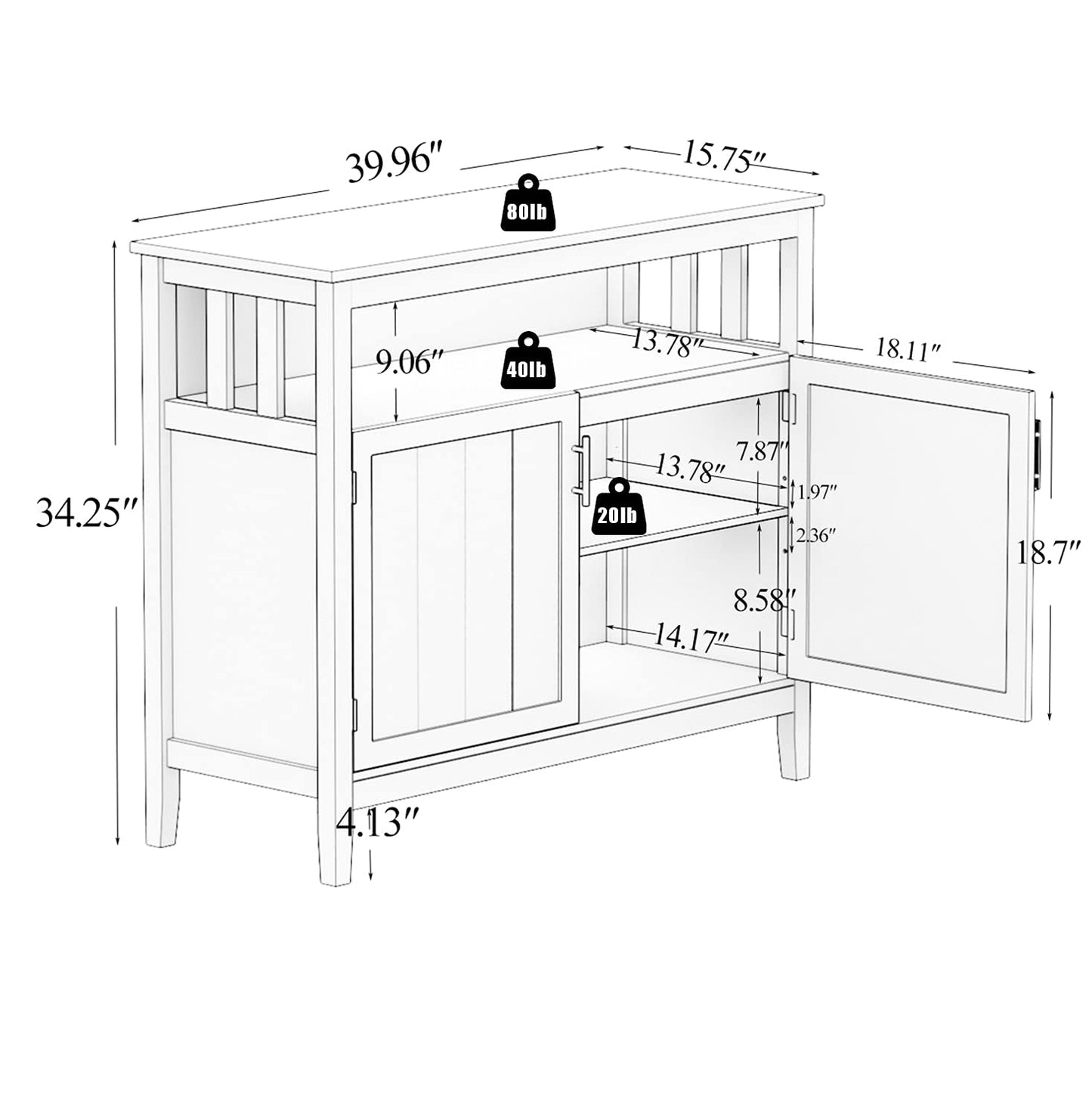 White Buffet Cabinet with 2 Doors and Adjustable Shelf, Kitchen Sideboard Storage Server or Console Table