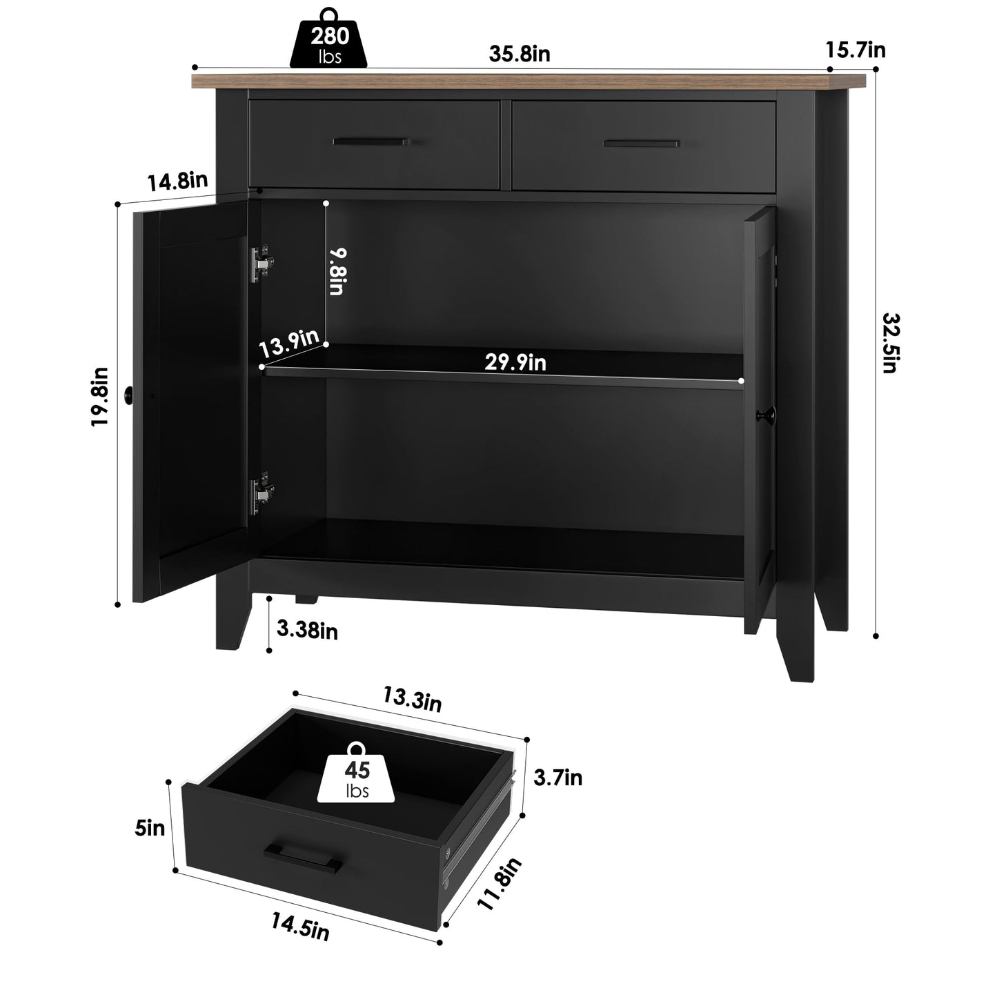 HORSTORS Modern Farmhouse Buffet Cabinet with Storage, Kitchen Sideboard Coffee Bar with 2 Drawers and 2 Doors, Floor Storage Cabinet for Living Room, Dining Room, or Bathroom, Black/Rustic Brown