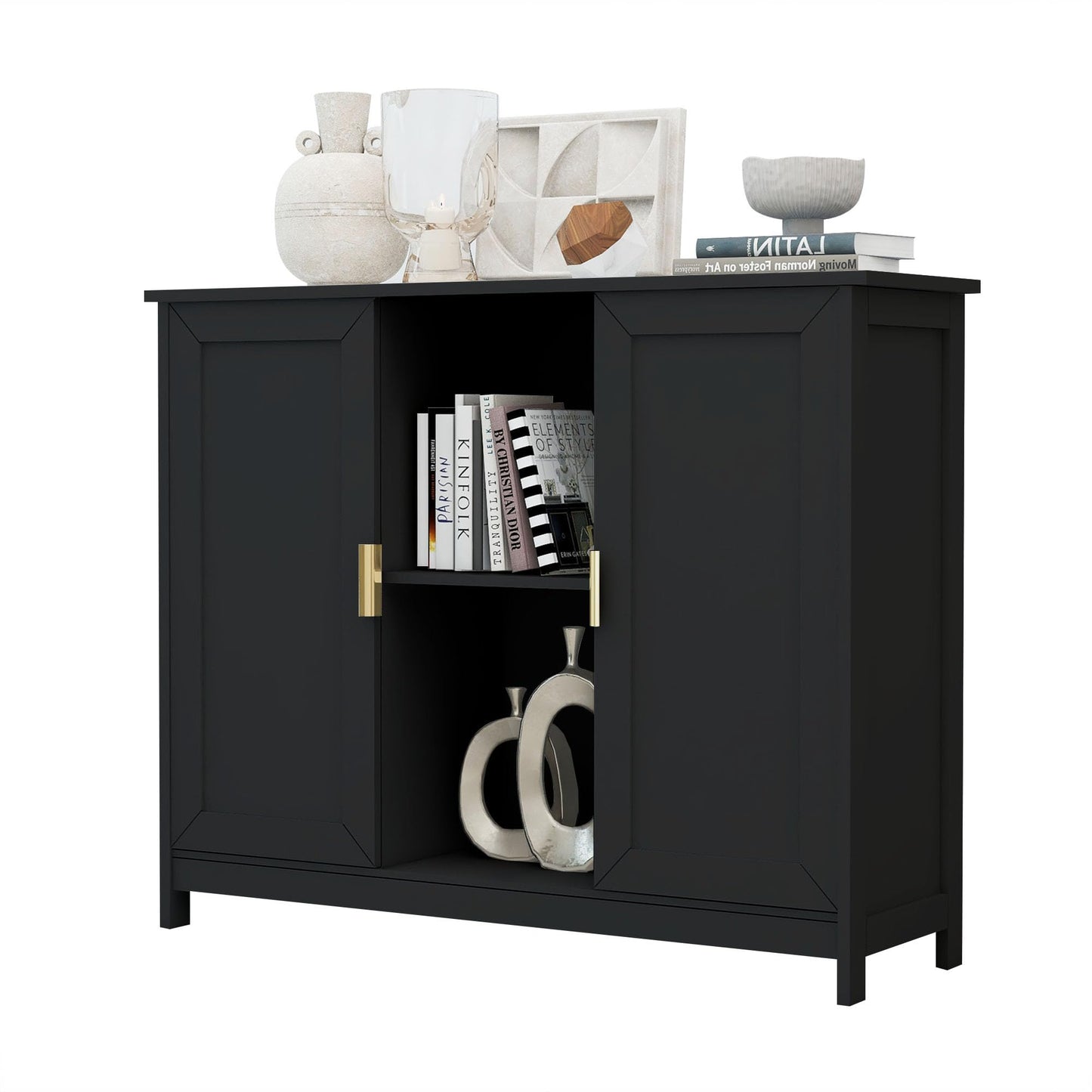 White Buffet Cabinet with Storage, Modern Wooden Narrow Sideboard Credenza with Doors for Entryway or Living Room