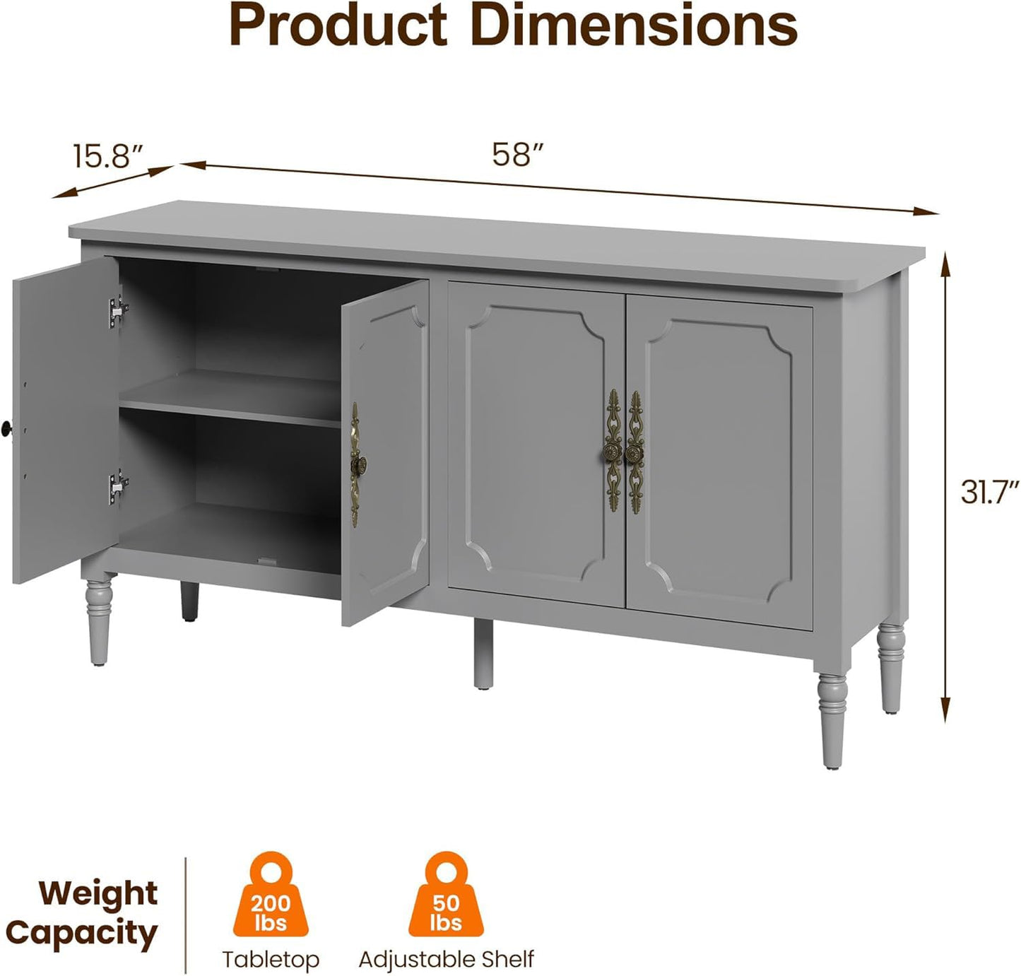 58" Large Sideboard Buffet Cabinet with Storage, Modern Credenza Coffee Bar Cabinet with Artistic Carved Handles for Dining or Living Room, Forest Green
