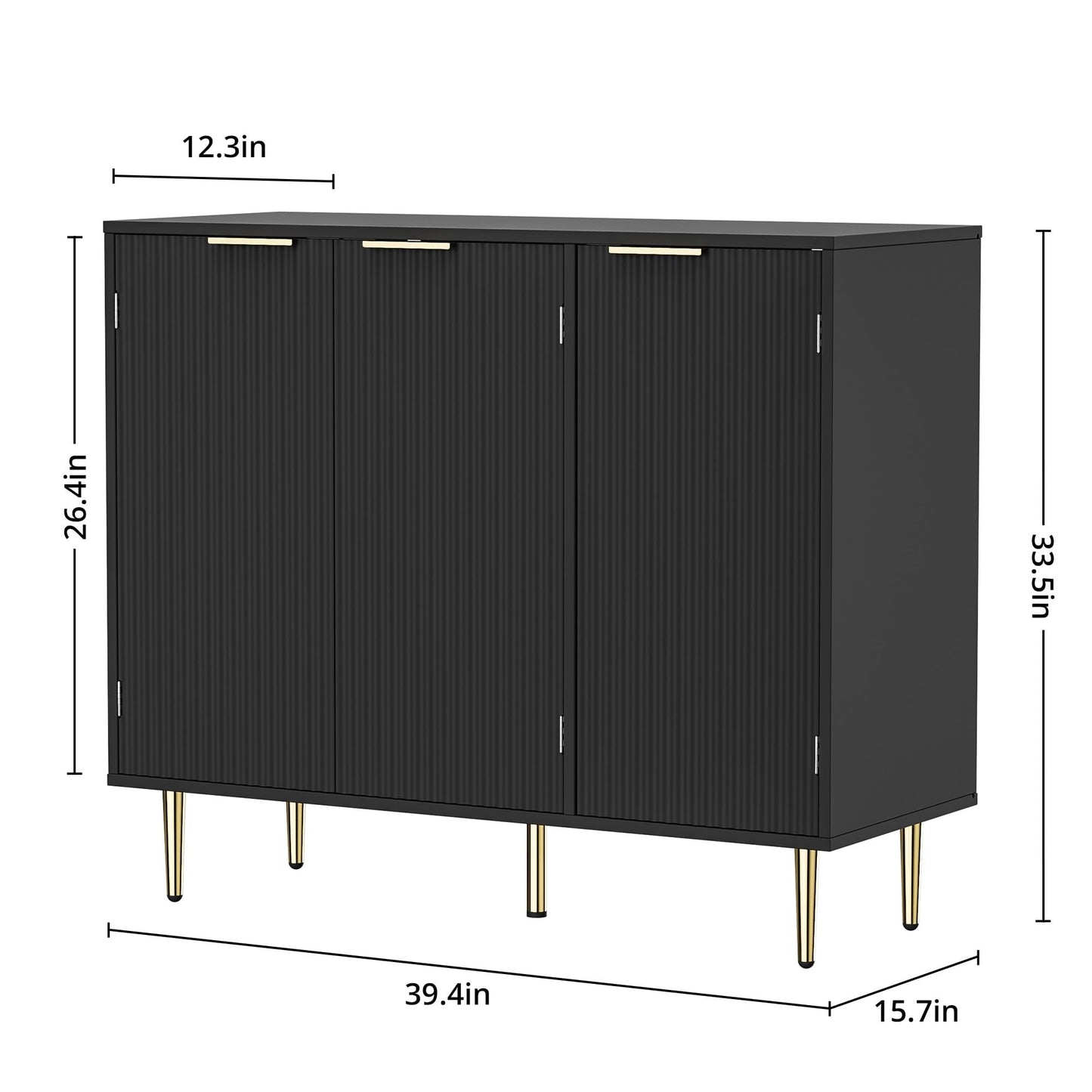 Fluted Sideboard Buffet with 3 Doors and Adjustable Shelves, Modern Kitchen Storage Cabinet with Gold Handles, Coffee Bar for Living Room or Kitchen, Black