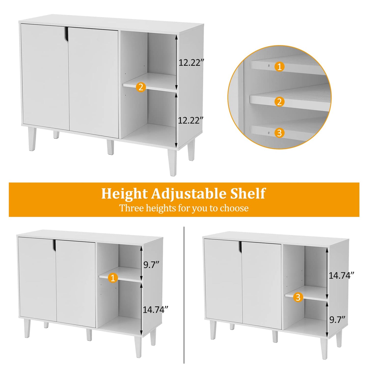 White Kitchen Buffet Cabinet with 2 Doors and 2 Shelves, Storage Sideboard, 41.8" L x 15" W x 32.5" H