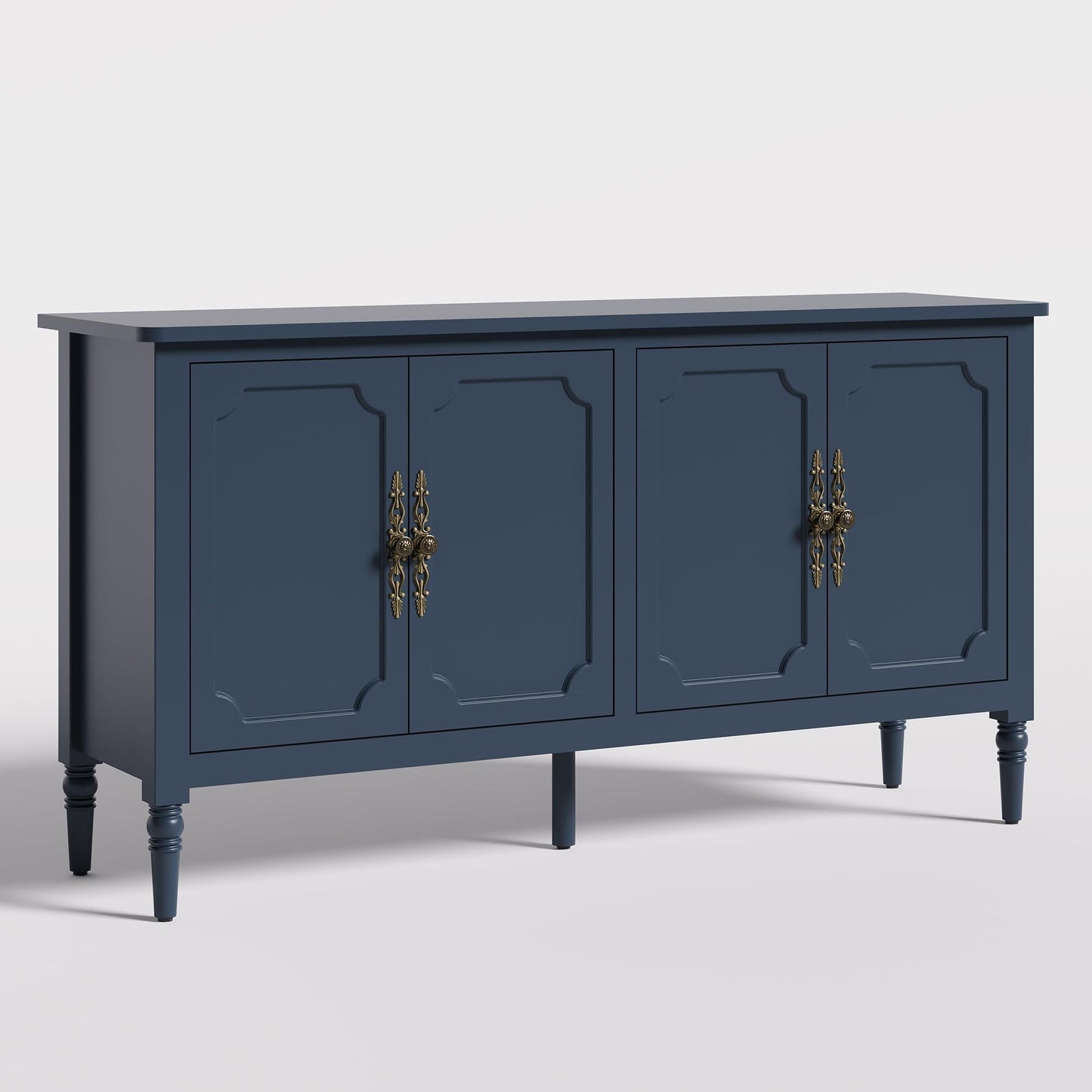 58" Mid-Century Modern Sideboard Buffet Cabinet with Storage and Solid Wood Legs, 4-Door Credenza for Entryway, Kitchen, or Living Room, Dove Gray