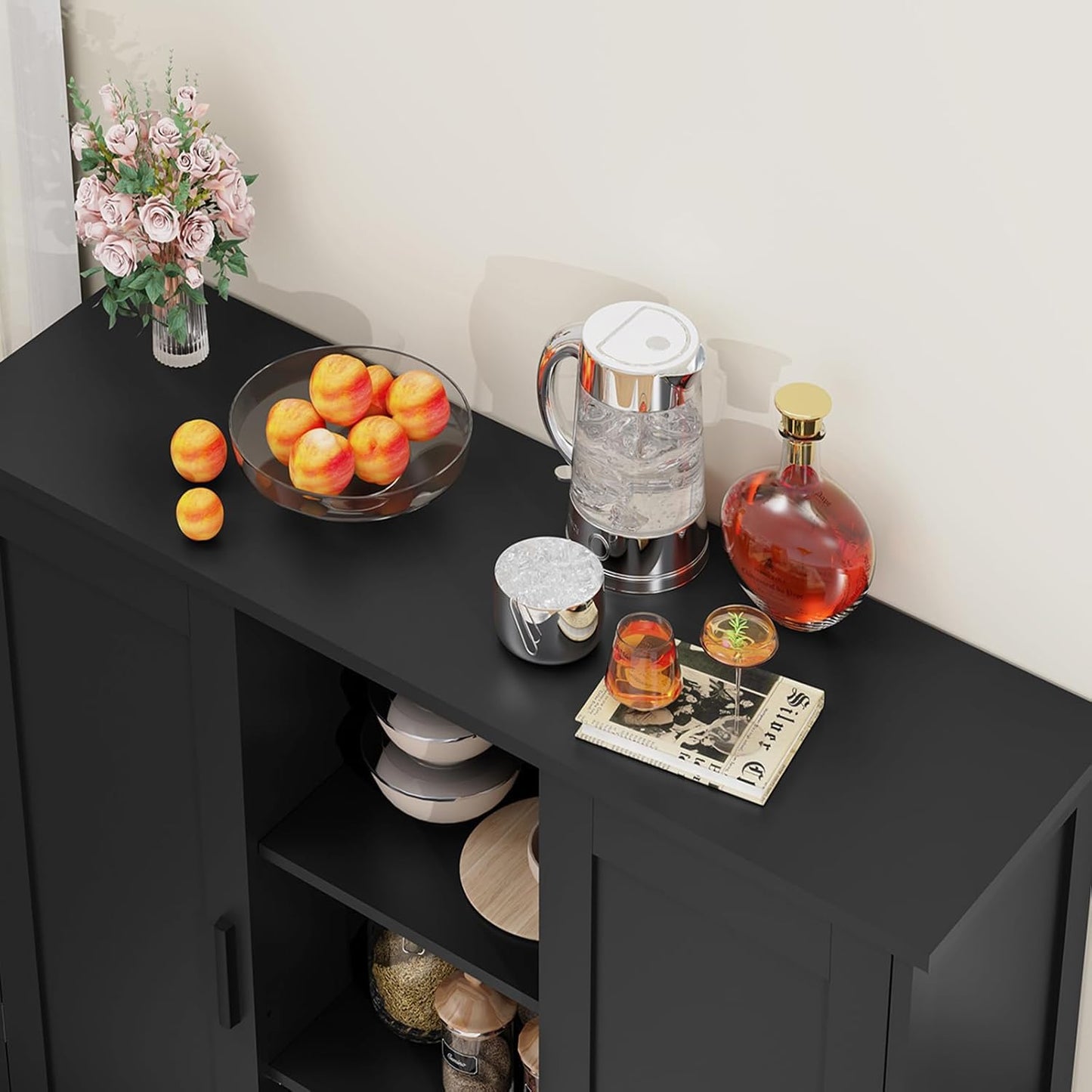 Storage Cabinet with 2 Doors and 4 Shelves, Bathroom Cupboard or Credenza for Living Room, Entryway, or Home Office, Black