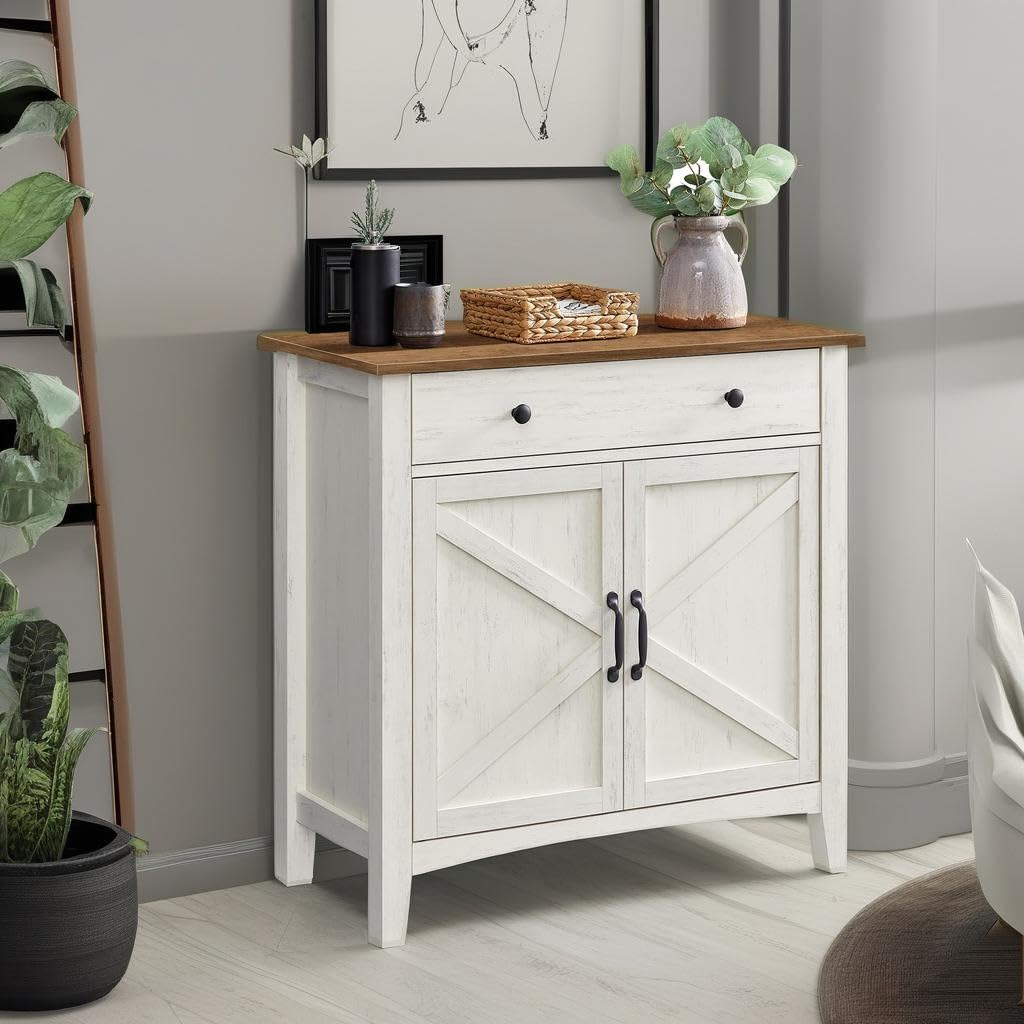 **Buffet Cabinet, Coffee Bar Cabinet with Drawer, Adjustable Shelf, Sideboard Storage with Cable Hole and Drawer Divider, Rustic White and Honey Brown**