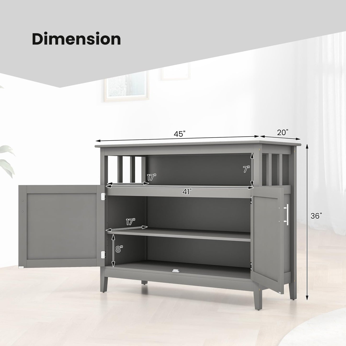 Freestanding Buffet Cabinet with Adjustable Shelf, Kitchen Storage Sideboard Console Table, 45" x 20" x 36", Grey