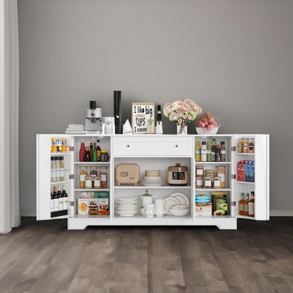 **HITHOS 54" Modern Buffet Cabinet with Storage, White Kitchen Sideboard with Drawer, Wood Coffee Bar Station with Adjustable Shelves for Living Room**