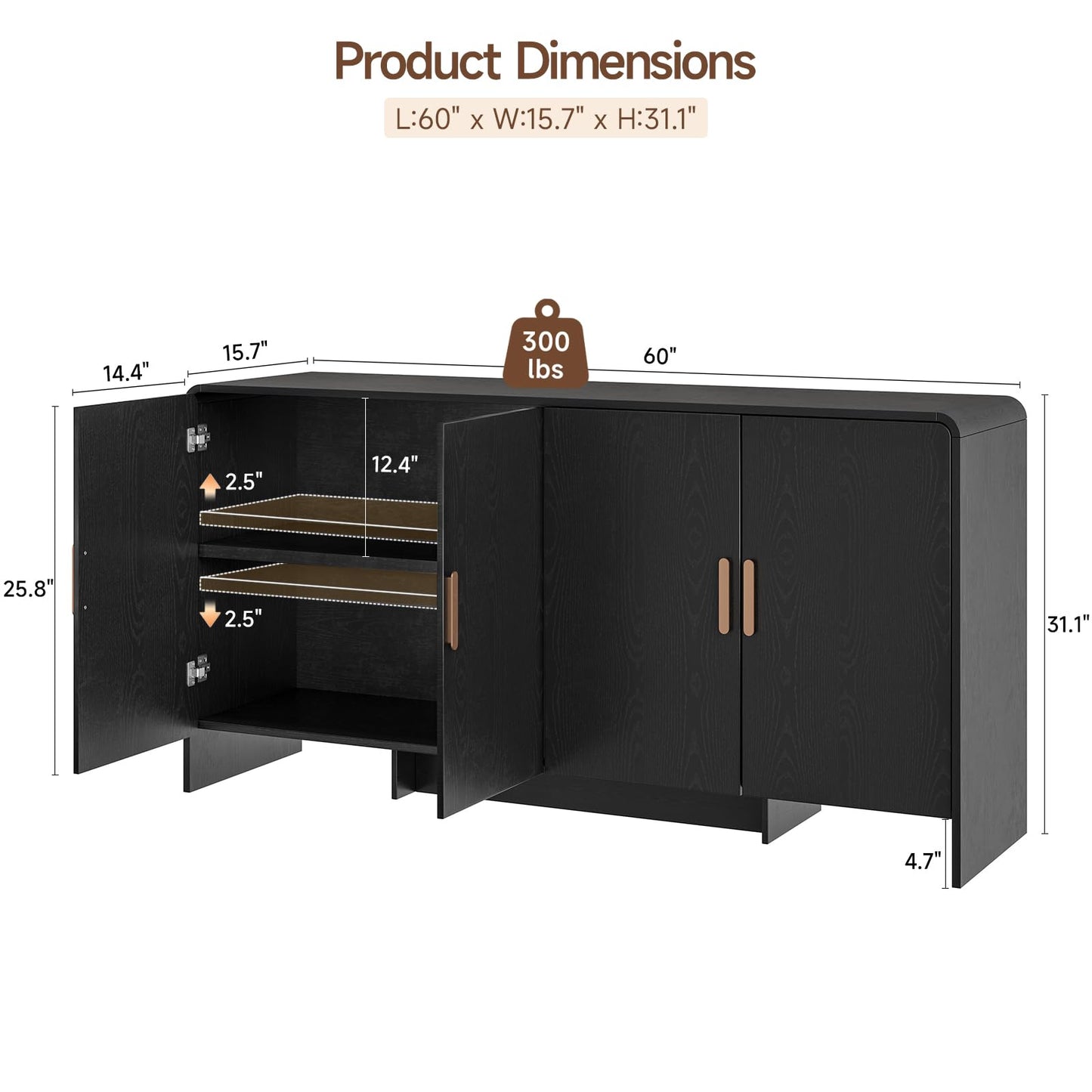 60" Curved Sideboard Buffet Cabinet with 4 Doors and Adjustable Shelves, Farmhouse Coffee Bar Storage for Living Room, Kitchen, or Hallway, Black