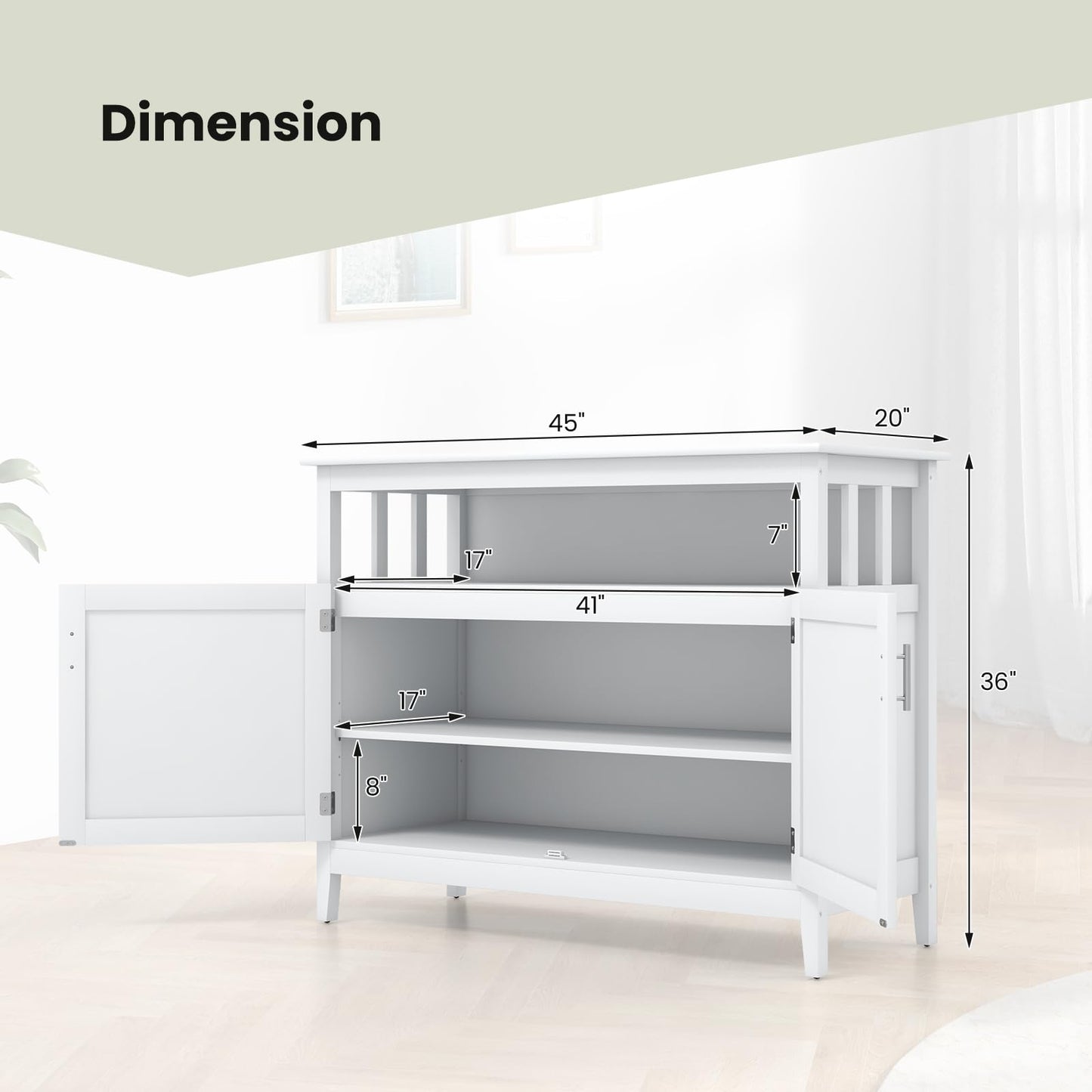 Freestanding Buffet Cabinet with Adjustable Shelf, Kitchen Storage Sideboard Console Table, 45" x 20" x 36", White