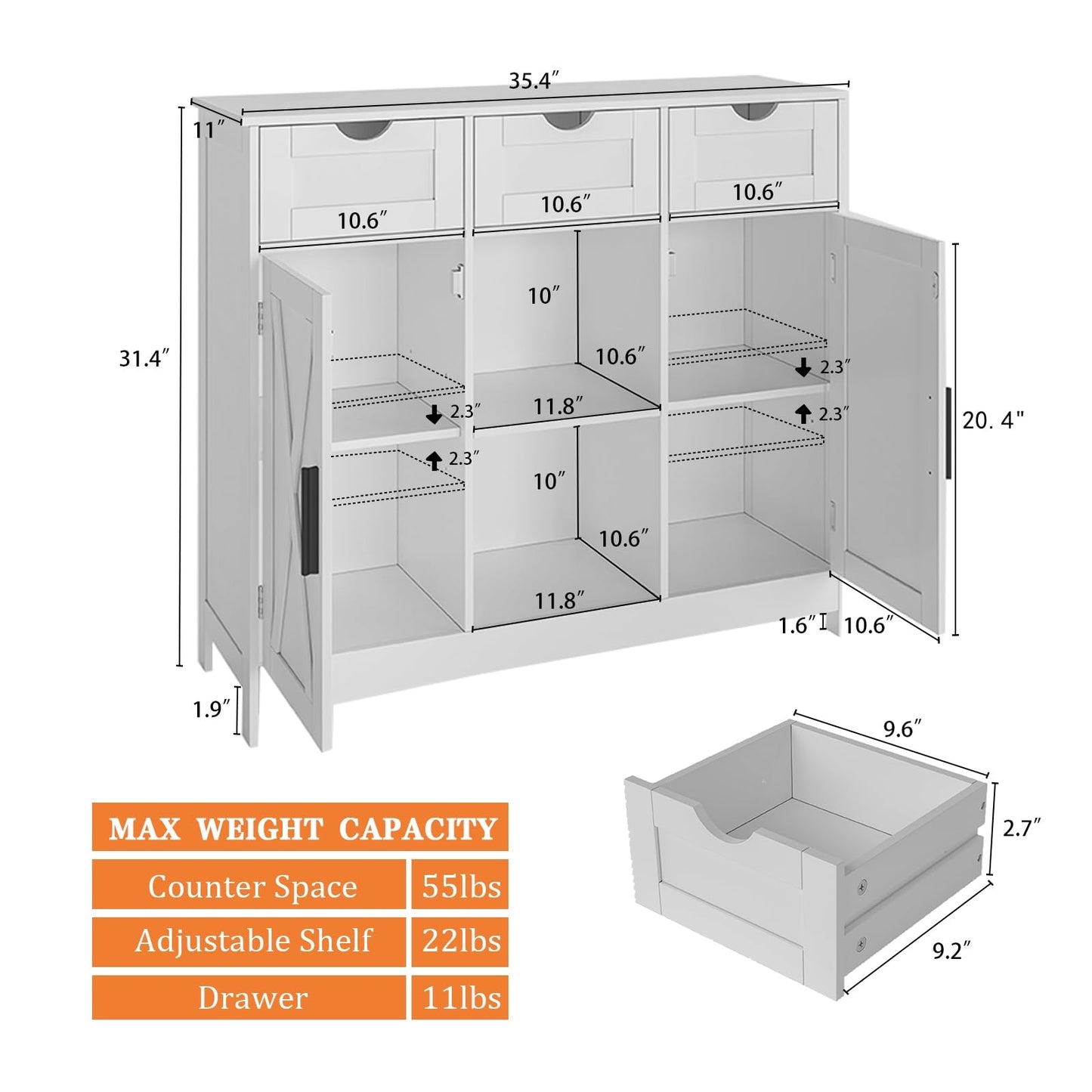 Storage Cabinet with 2 Doors, 3 Drawers, and 2 Adjustable Shelves, Coffee Bar Sideboard for Bathroom, Kitchen, or Living Room, White