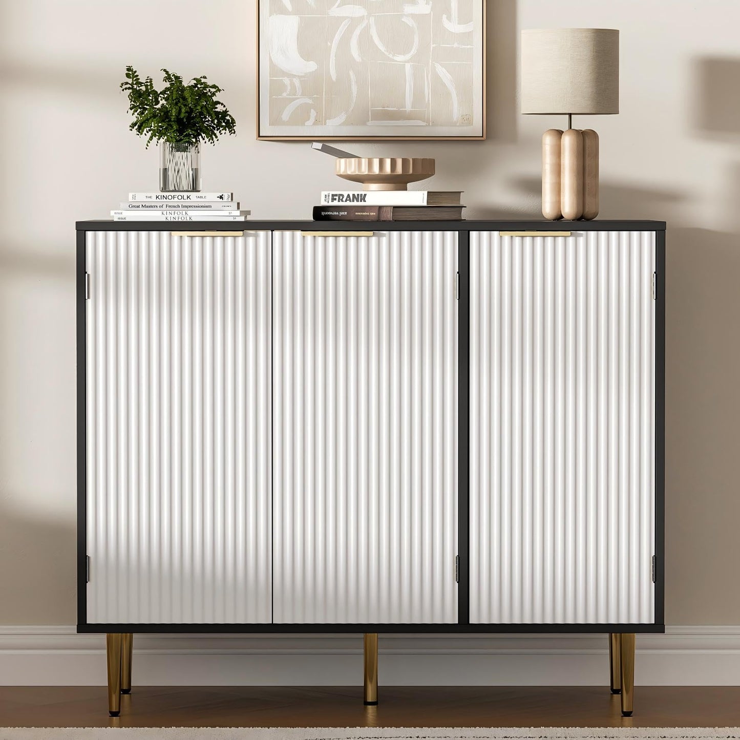 Fluted Sideboard Buffet with 3 Doors and Adjustable Shelves, Modern Kitchen Storage Cabinet with Gold Handles, Coffee Bar for Living Room or Kitchen, Black and White