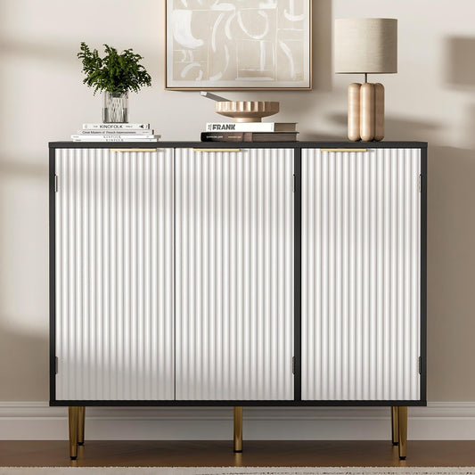 Fluted Sideboard Buffet with 3 Doors and Adjustable Shelves, Modern Kitchen Storage Cabinet with Gold Handles, Coffee Bar for Living Room or Kitchen, Black and White