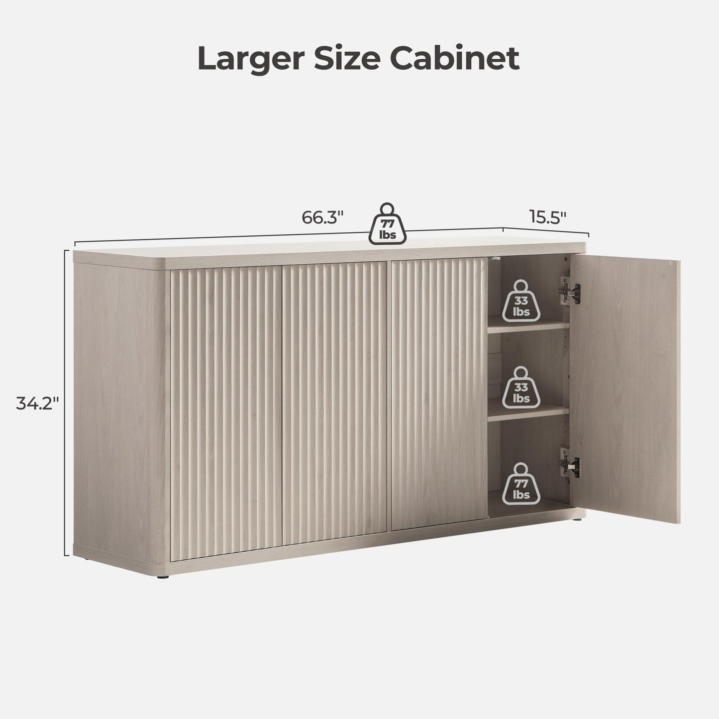 SICOTAS 66.3" Fluted Buffet Cabinet with Storage, Modern Sideboard with 4 Doors, Wide Credenza Buffet Table Media Console Cabinet for Entryway, Kitchen, Dining Room, Living Room, or Hallway