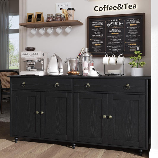 **55" Buffet Cabinet with Storage, Black Sideboard with Drawers and Doors, Coffee Bar for Dining Room**