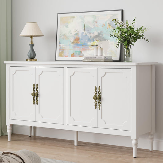 58" Mid-Century Modern Sideboard Buffet Cabinet with Storage and Solid Wood Legs, 4-Door Credenza for Entryway, Kitchen, or Living Room, Satin White