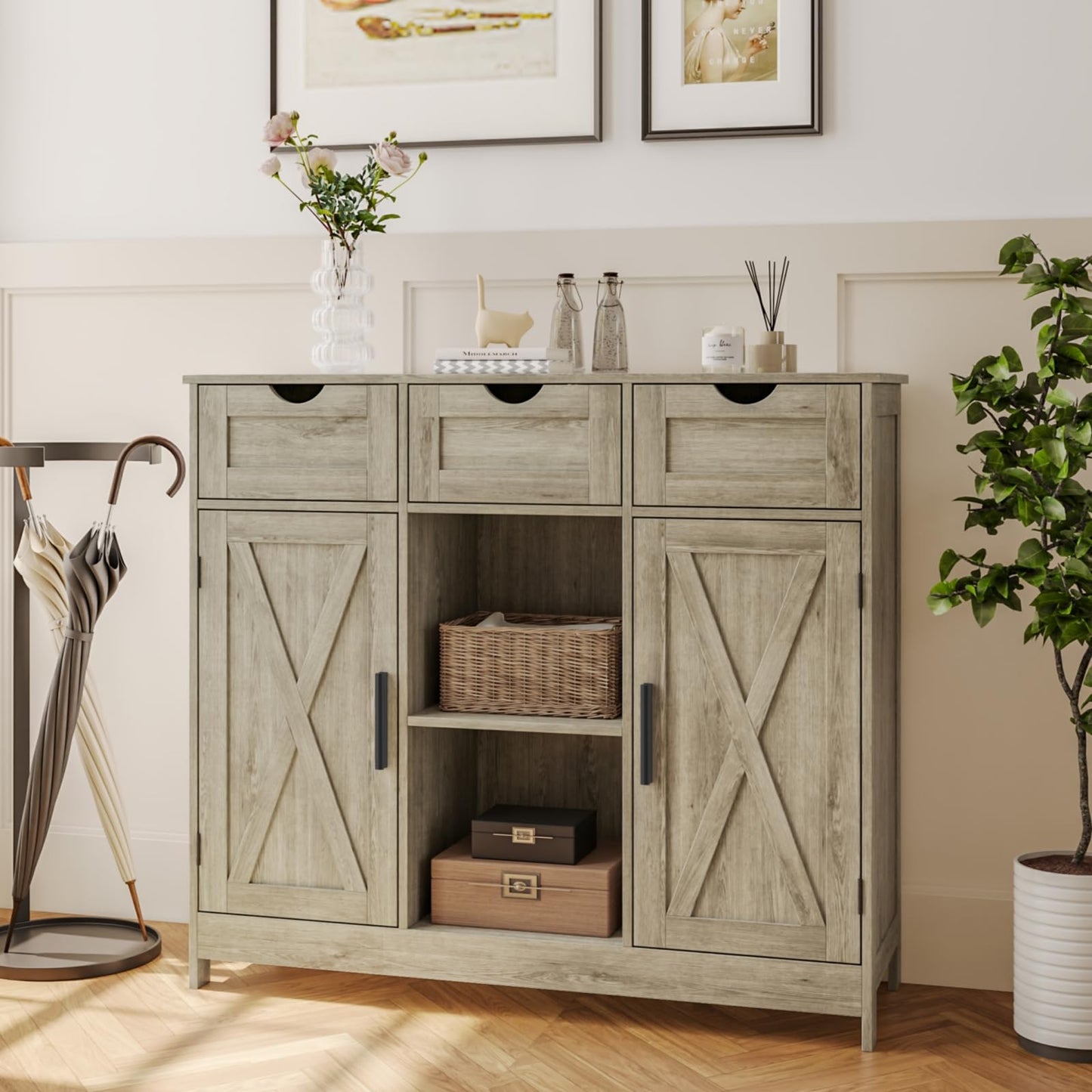 Storage Cabinet with 2 Doors, 3 Drawers, and 2 Adjustable Shelves, Coffee Bar Sideboard for Bathroom, Kitchen, or Living Room, Gray