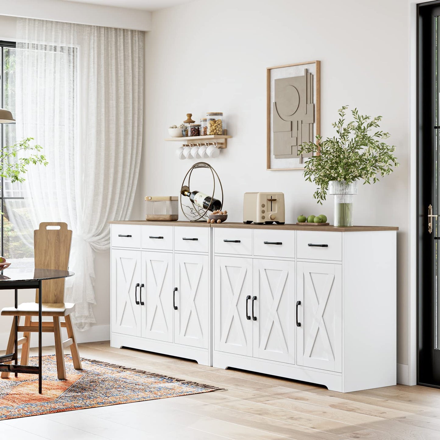 **HOSTACK Modern Farmhouse Sideboard Buffet Cabinet with Barn Doors, Drawers, and Shelves, Wood Coffee Bar Storage Cabinet for Kitchen, Dining Room, or Living Room, White**