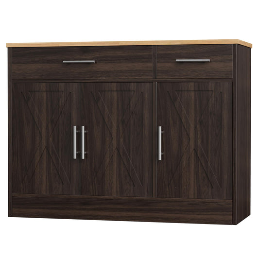 Modern Farmhouse Sideboard Buffet Cabinet with Barn Doors, 2 Drawers and 3 Doors, Adjustable Shelf for Kitchen or Living Room, Brown