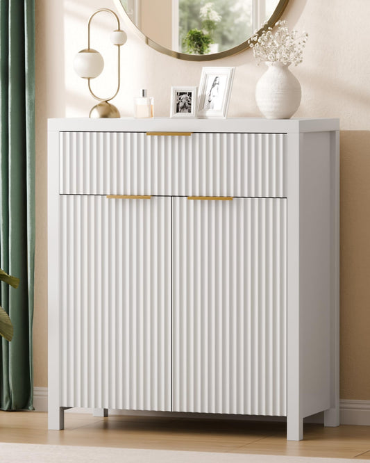 White Fluted Storage Cabinet with Drawers and Adjustable Shelves, Buffet Sideboard for Kitchen, Living Room, or Entryway