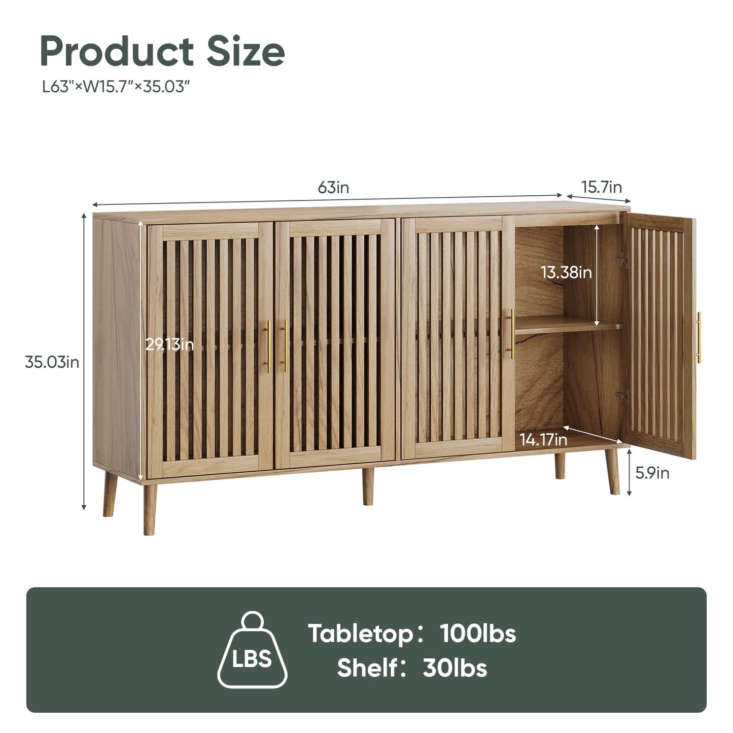 63" Sideboard Buffet with 4 Louvered Doors and Gold Handles, Farmhouse Coffee Bar Storage Cabinet for Entryway, Kitchen, Dining, or Living Room, Walnut