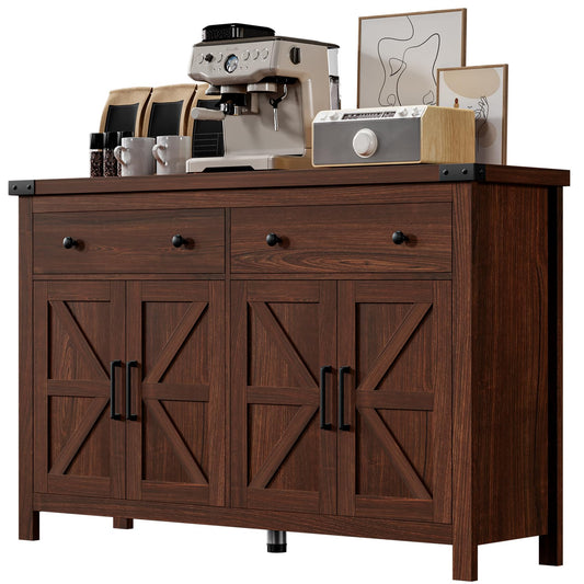 55'' Farmhouse Buffet Cabinet with Storage, Cherry Wood Sideboard Coffee Bar Cabinet with 4 Doors & 2 Drawers, Large Kitchen Storage Cabinet for Dining Room & Living Room
