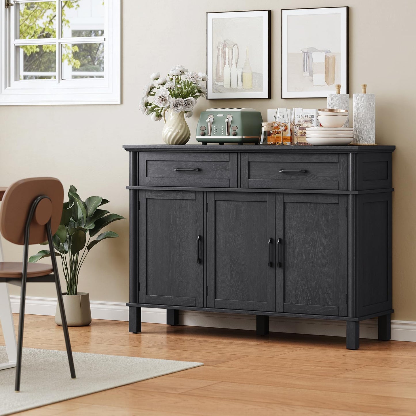 48" Farmhouse Buffet Sideboard Cabinet with 2 Drawers and 3 Doors, Wood Coffee Bar Cabinet with Adjustable Shelves for Kitchen or Living Room, Black