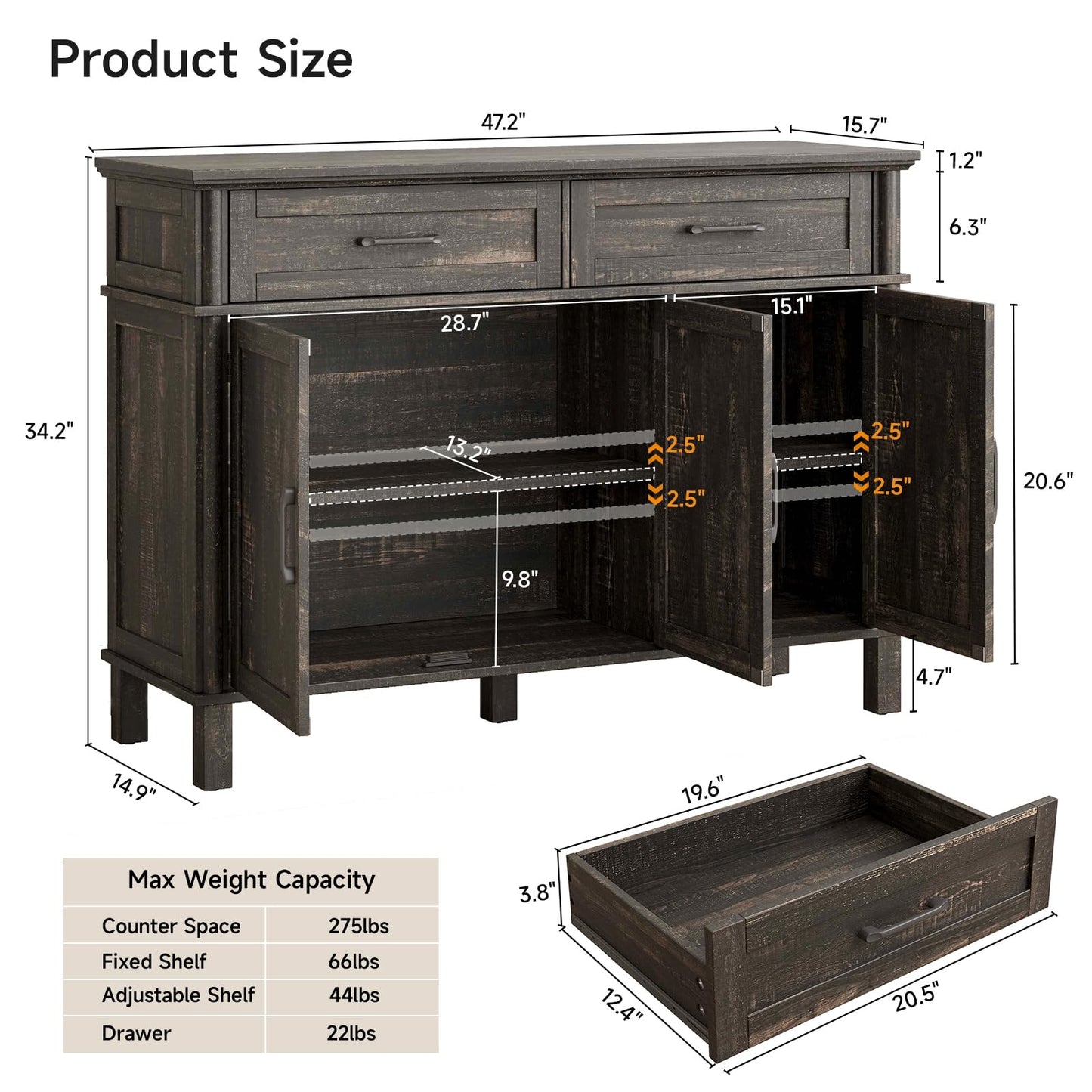 48" Farmhouse Buffet Sideboard Cabinet with 2 Drawers and 3 Doors, Wood Coffee Bar Cabinet with Adjustable Shelves for Kitchen or Living Room, Rustic Brown