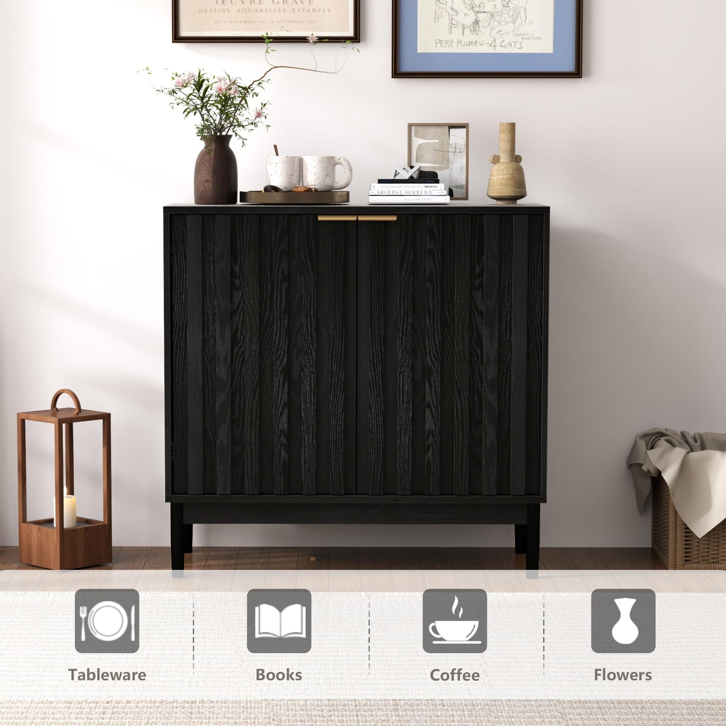 Fluted Buffet Cabinet with Door and Adjustable Shelves, Modern Sideboard Storage Cabinet for Kitchen, Living Room, or Hallway, Black