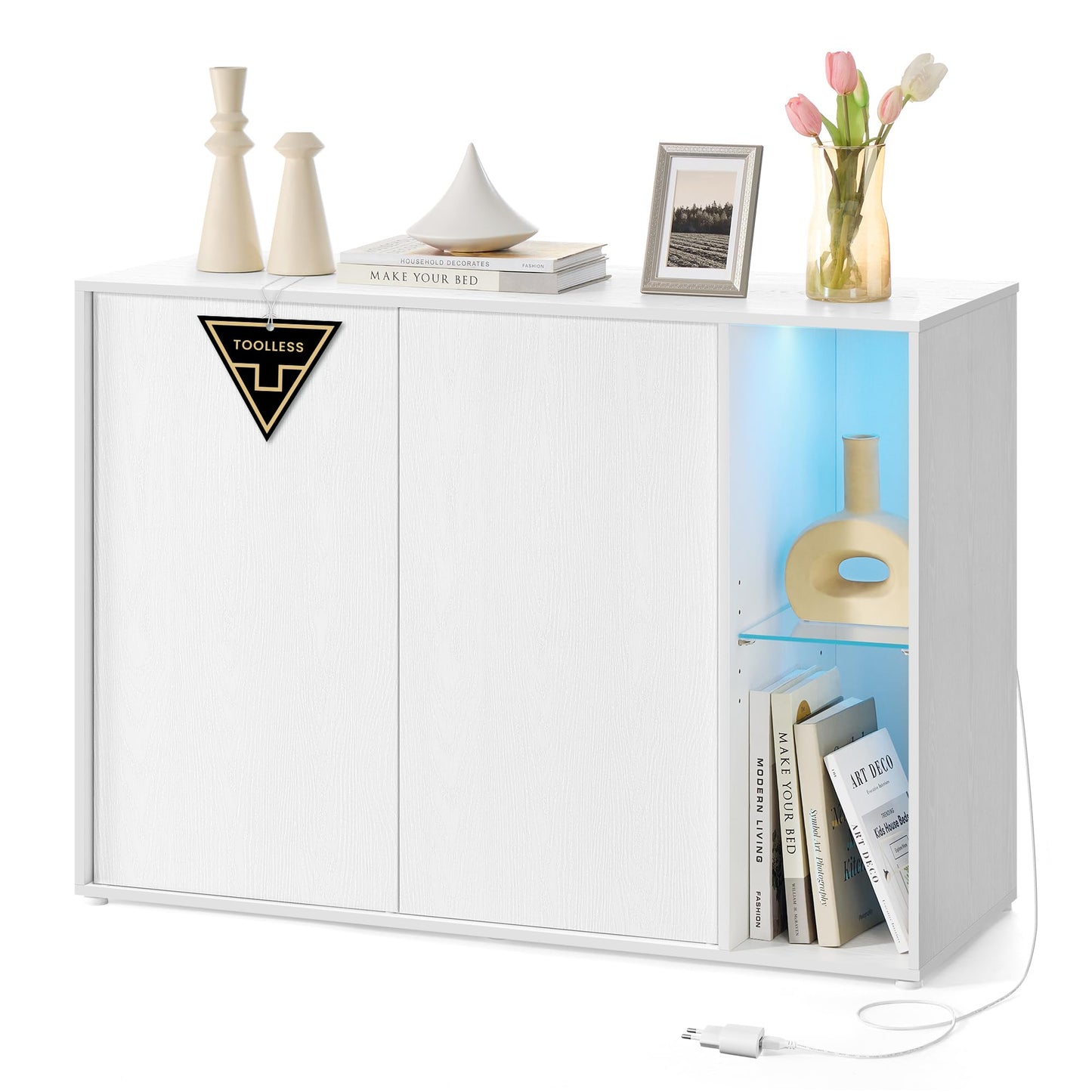 Storage Cabinet with Lighting and Glass Shelf, Superfast Toolless Assembly Accent Buffet Sideboard for Living Room, Snow White