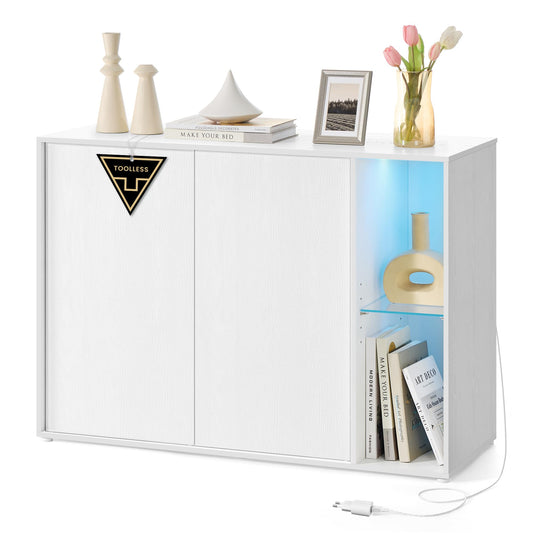 Storage Cabinet with Lighting and Glass Shelf, Superfast Toolless Assembly Accent Buffet Sideboard for Living Room, Snow White