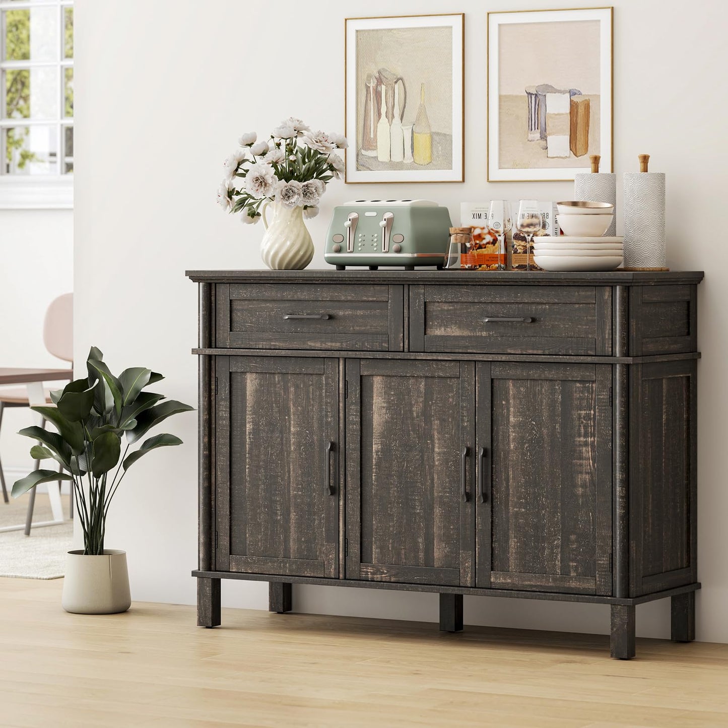 48" Farmhouse Buffet Sideboard Cabinet with 2 Drawers and 3 Doors, Wood Coffee Bar Cabinet with Adjustable Shelves for Kitchen or Living Room, Rustic Brown