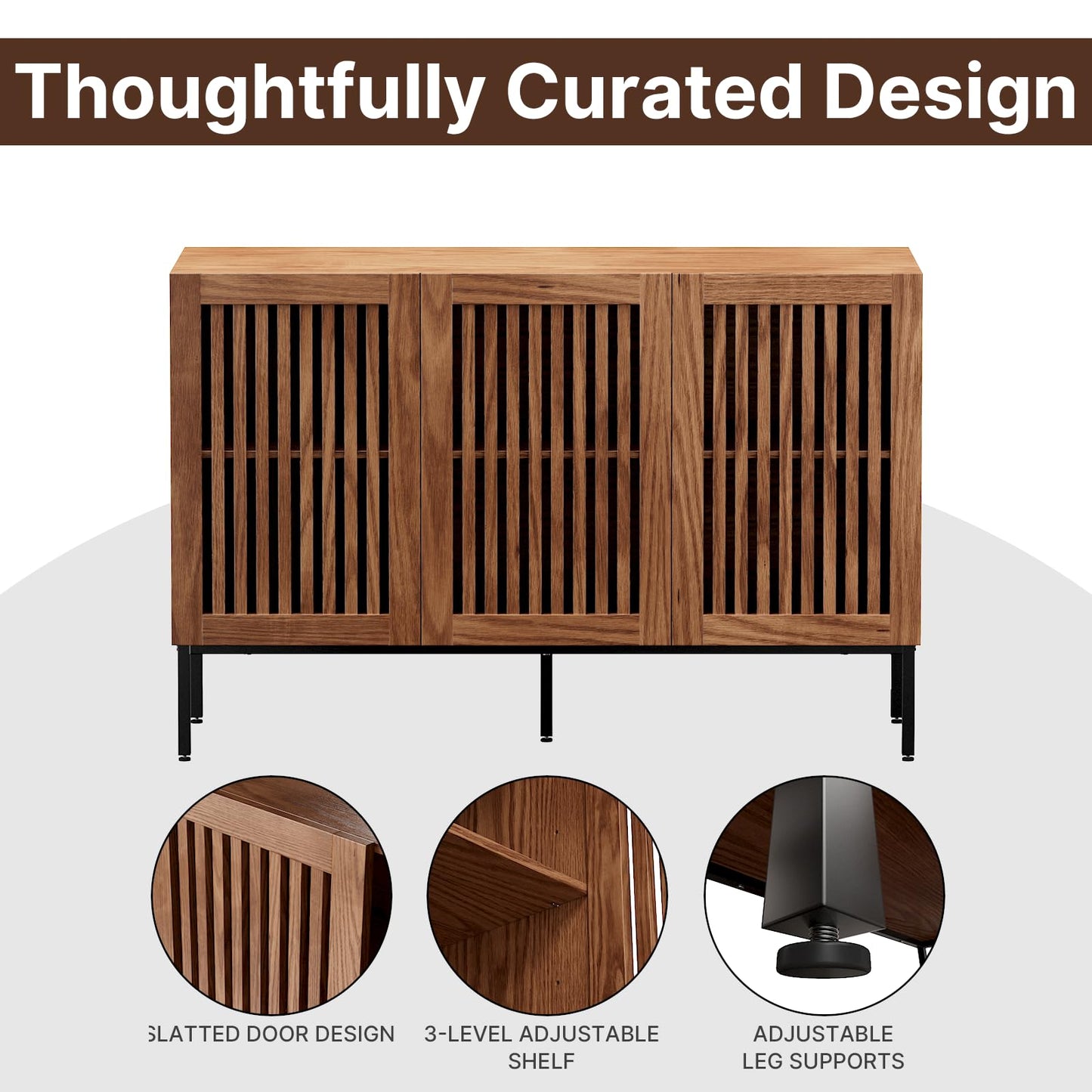 **47" Buffet Cabinet, Modern Credenza Storage Cabinet with Adjustable Shelves and Metal Base, Wood Multifunctional Console Table for Kitchen, Living Room, and Entryway, Brown**