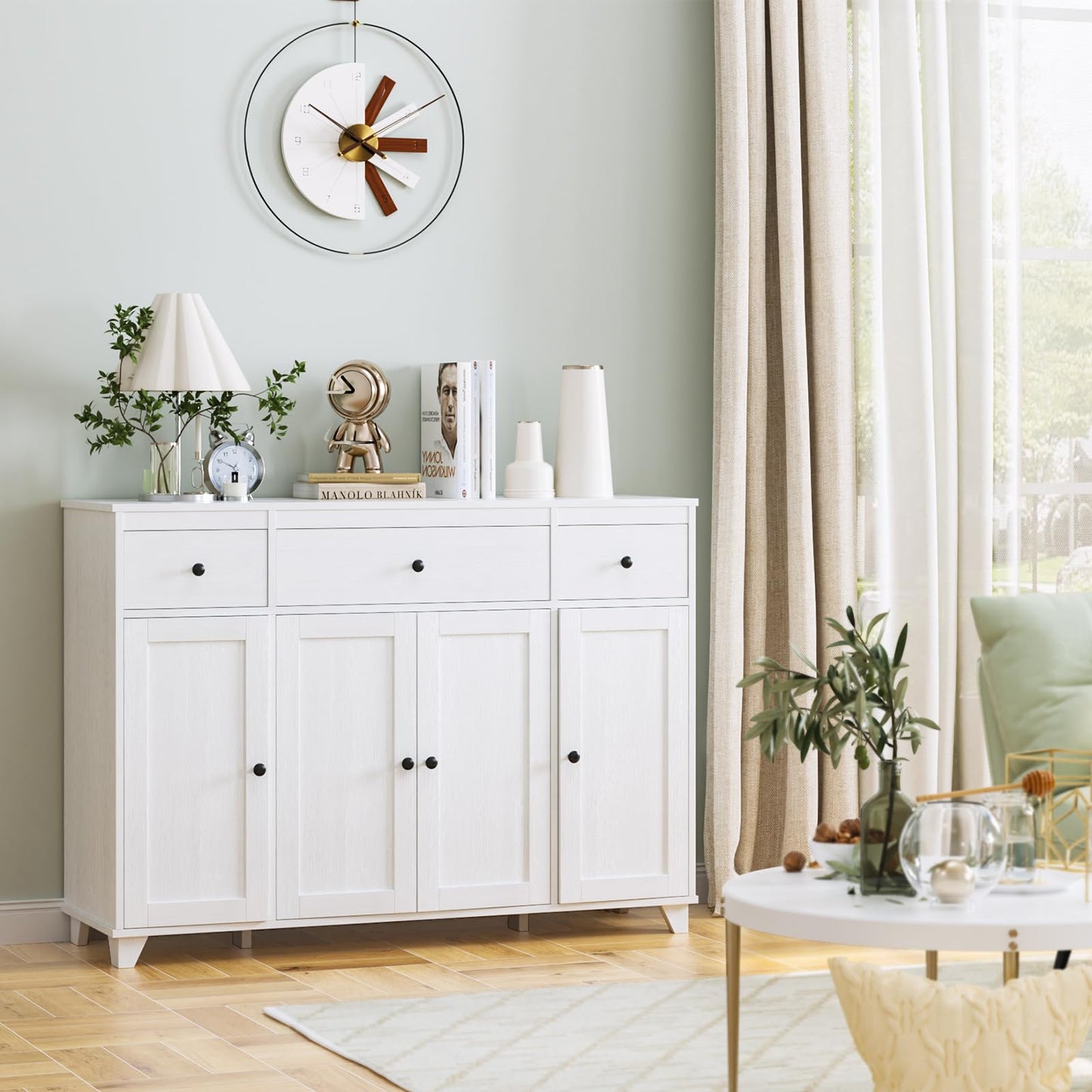 47" White Buffet Cabinet with 3 Drawers, 4 Doors, and Adjustable Shelves, Modern Coffee Bar Sideboard for Kitchen, Dining, or Living Room