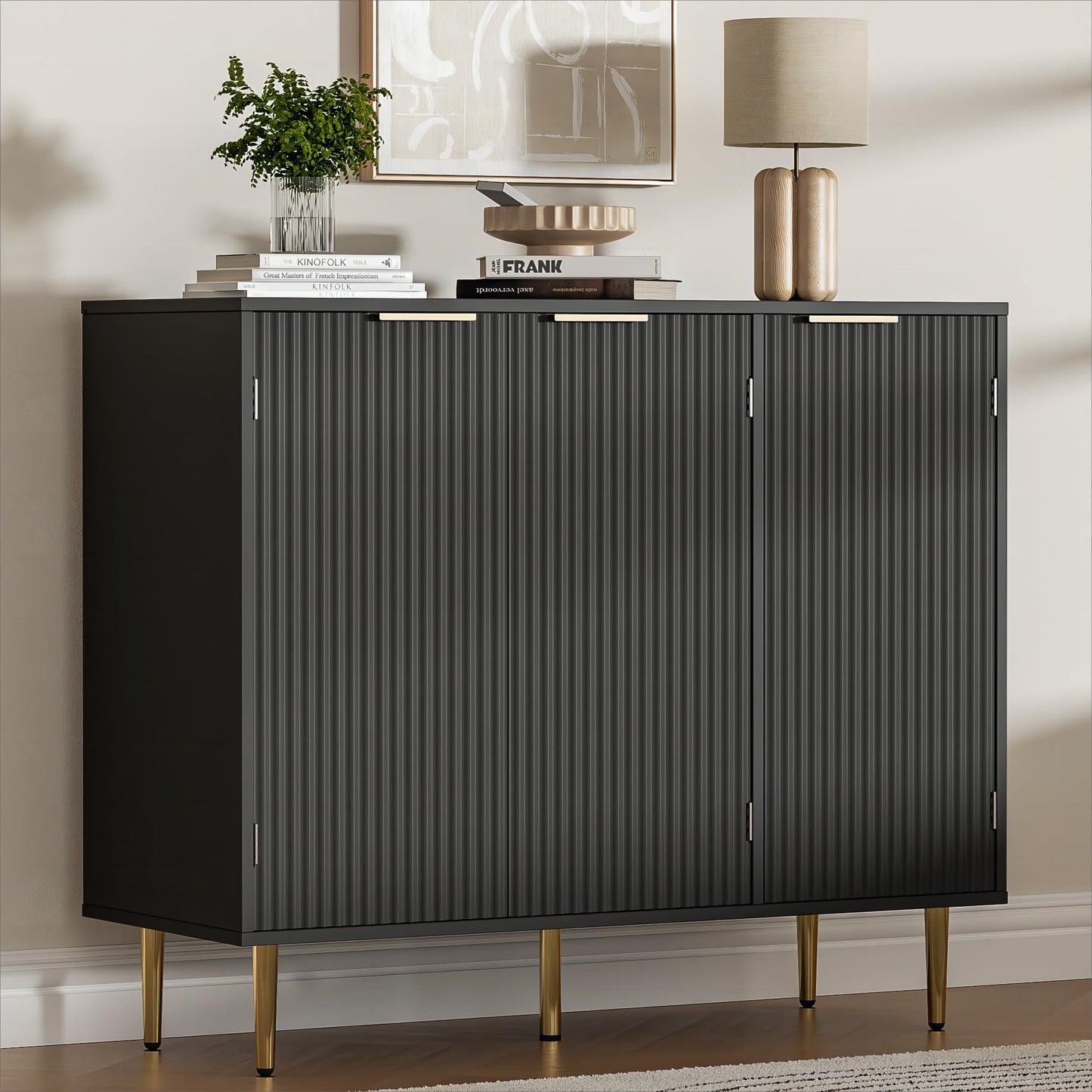 Fluted Sideboard Buffet with 3 Doors and Adjustable Shelves, Modern Kitchen Storage Cabinet with Gold Handles, Coffee Bar for Living Room or Kitchen, Black
