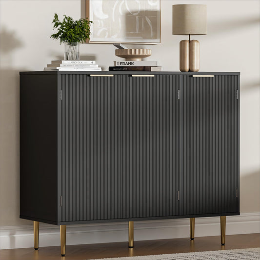 Fluted Sideboard Buffet with 3 Doors and Adjustable Shelves, Modern Kitchen Storage Cabinet with Gold Handles, Coffee Bar for Living Room or Kitchen, Black