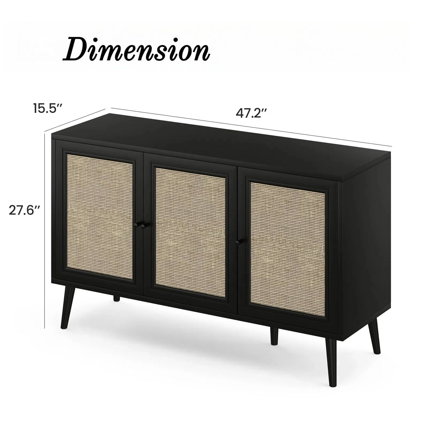 Rattan Entryway Table with Adjustable Shelf, Sideboard Buffet Cabinet with 3 Doors, Modern Console Cabinet with Large Storage for Living Room or Kitchen, Black
