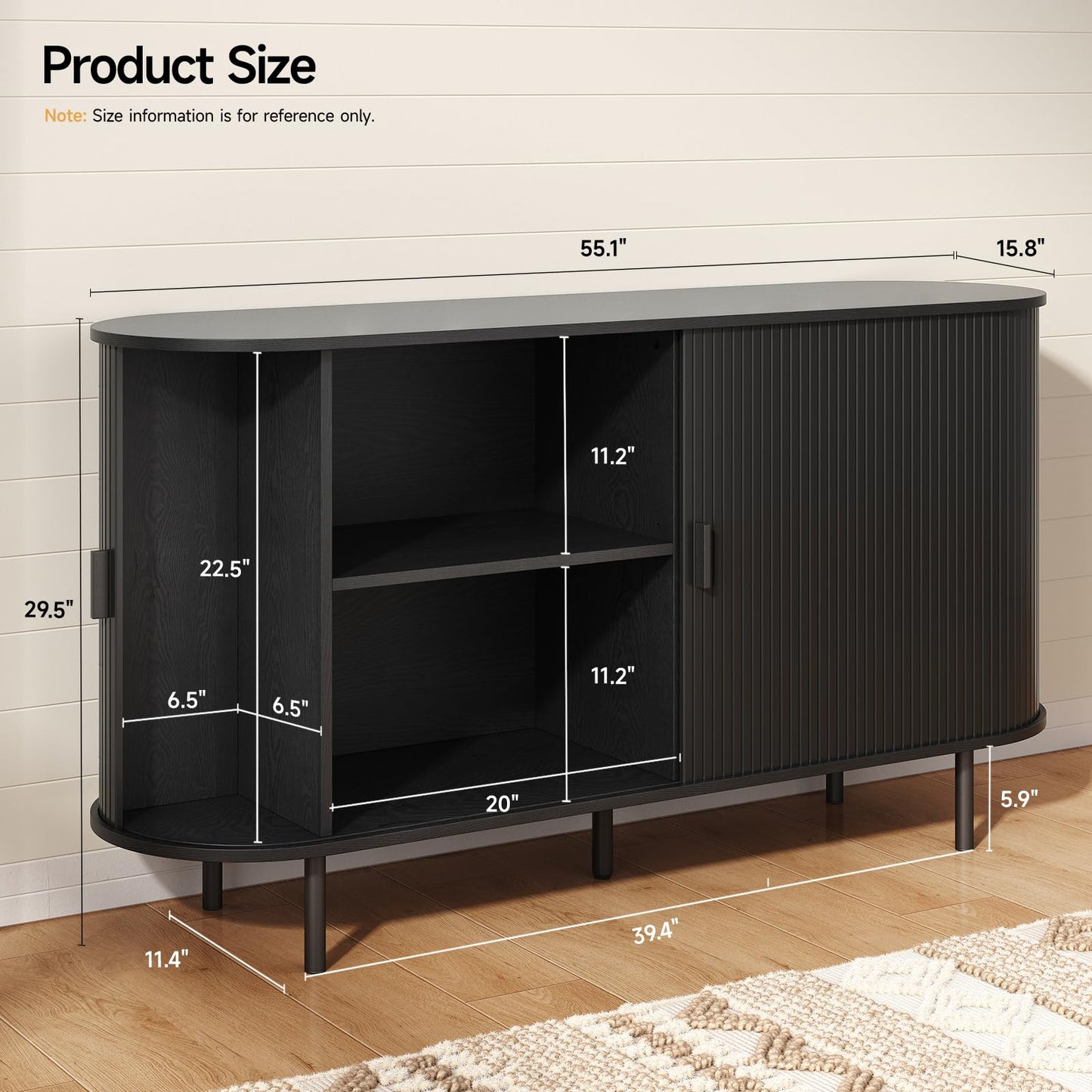**55" Sideboard Buffet Cabinet with Storage, Sliding Door & Adjustable Shelf, Modern Accent Coffee Bar Console Table for Kitchen or Entryway, Black**