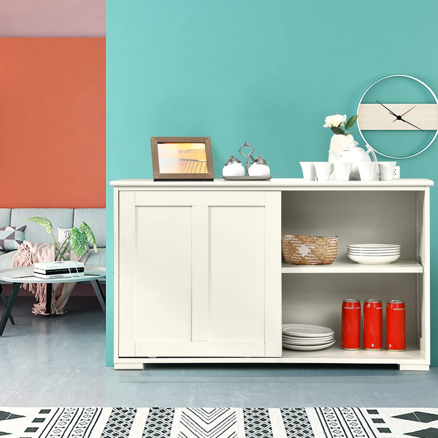 Wooden Sideboard Buffet Cabinet with Adjustable Shelf and Sliding Barn Door, Kitchen Storage and Coffee Bar Console Table for Living Room, Dining Room, or Hallway, White