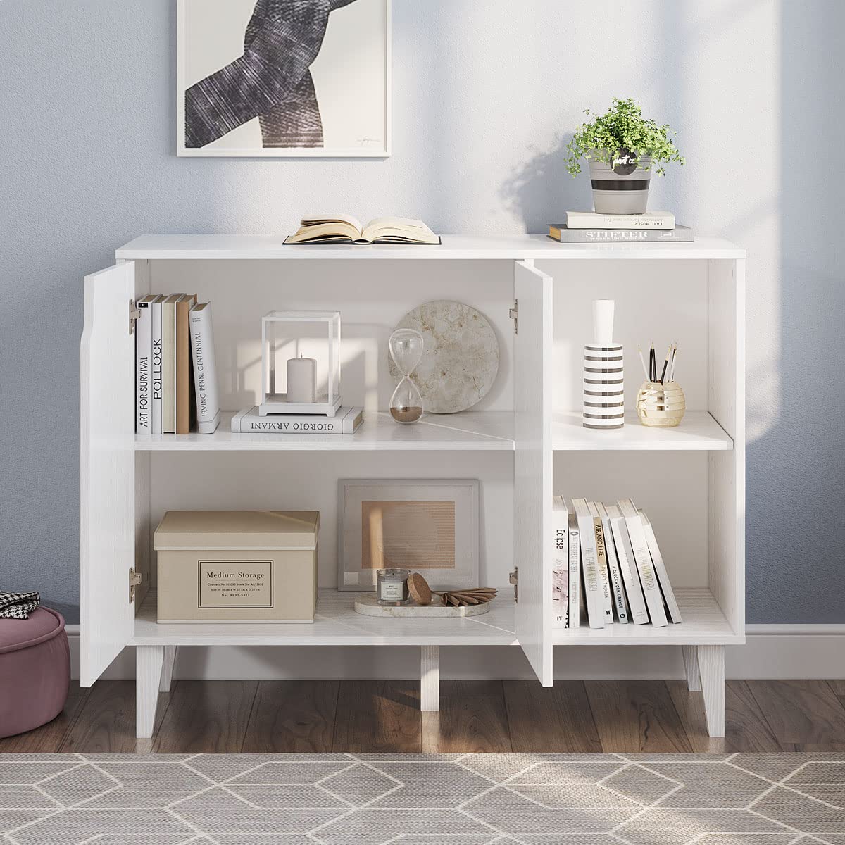 White Kitchen Buffet Cabinet with 2 Doors and 2 Shelves, Storage Sideboard, 41.8" L x 15" W x 32.5" H