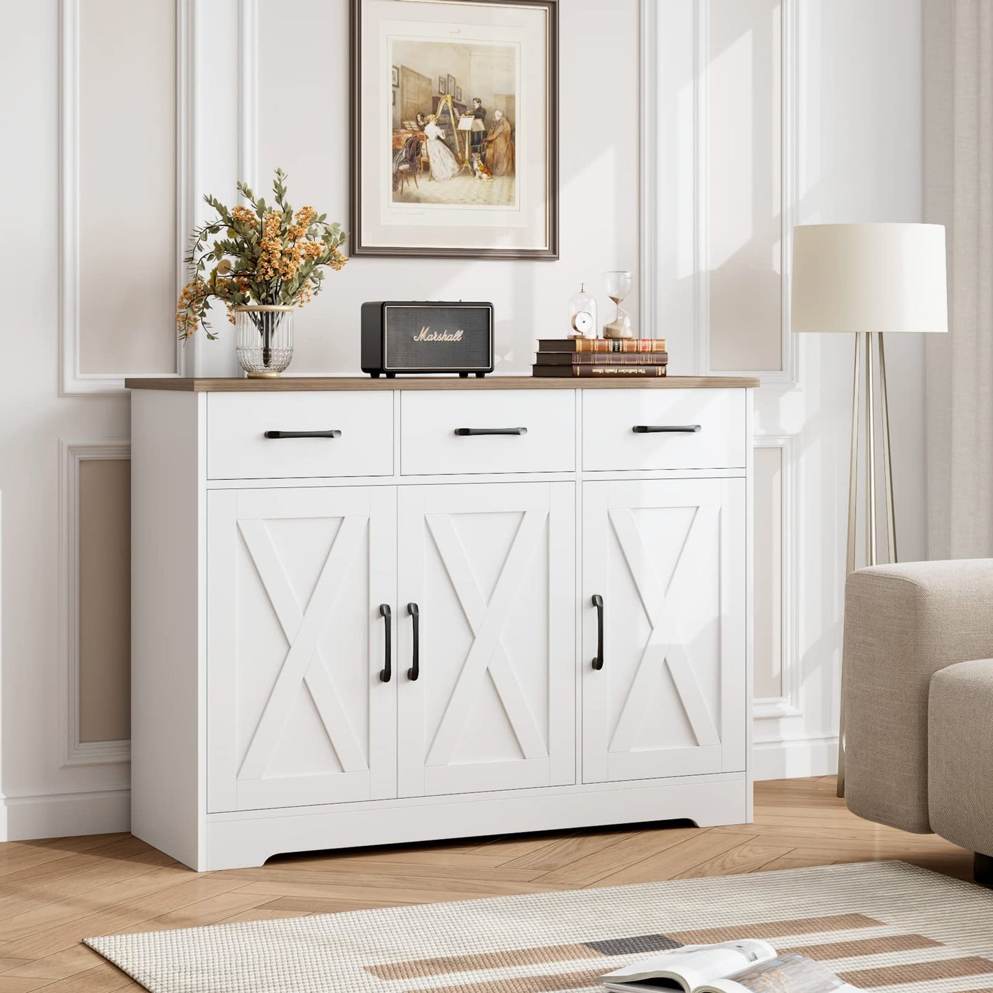 **HOSTACK Modern Farmhouse Sideboard Buffet Cabinet with Barn Doors, Drawers, and Shelves, Wood Coffee Bar Storage Cabinet for Kitchen, Dining Room, or Living Room, White**