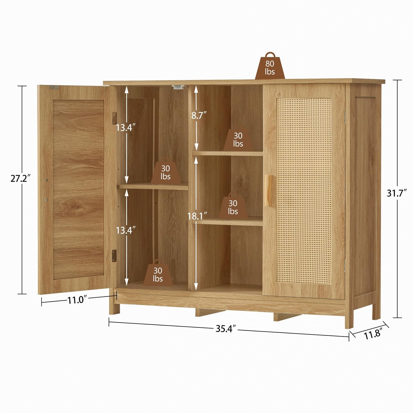 Rattan Storage Cabinet with 4 Adjustable Shelves, Coffee Bar Sideboard Buffet for Kitchen, Living Room, or Entryway, Natural