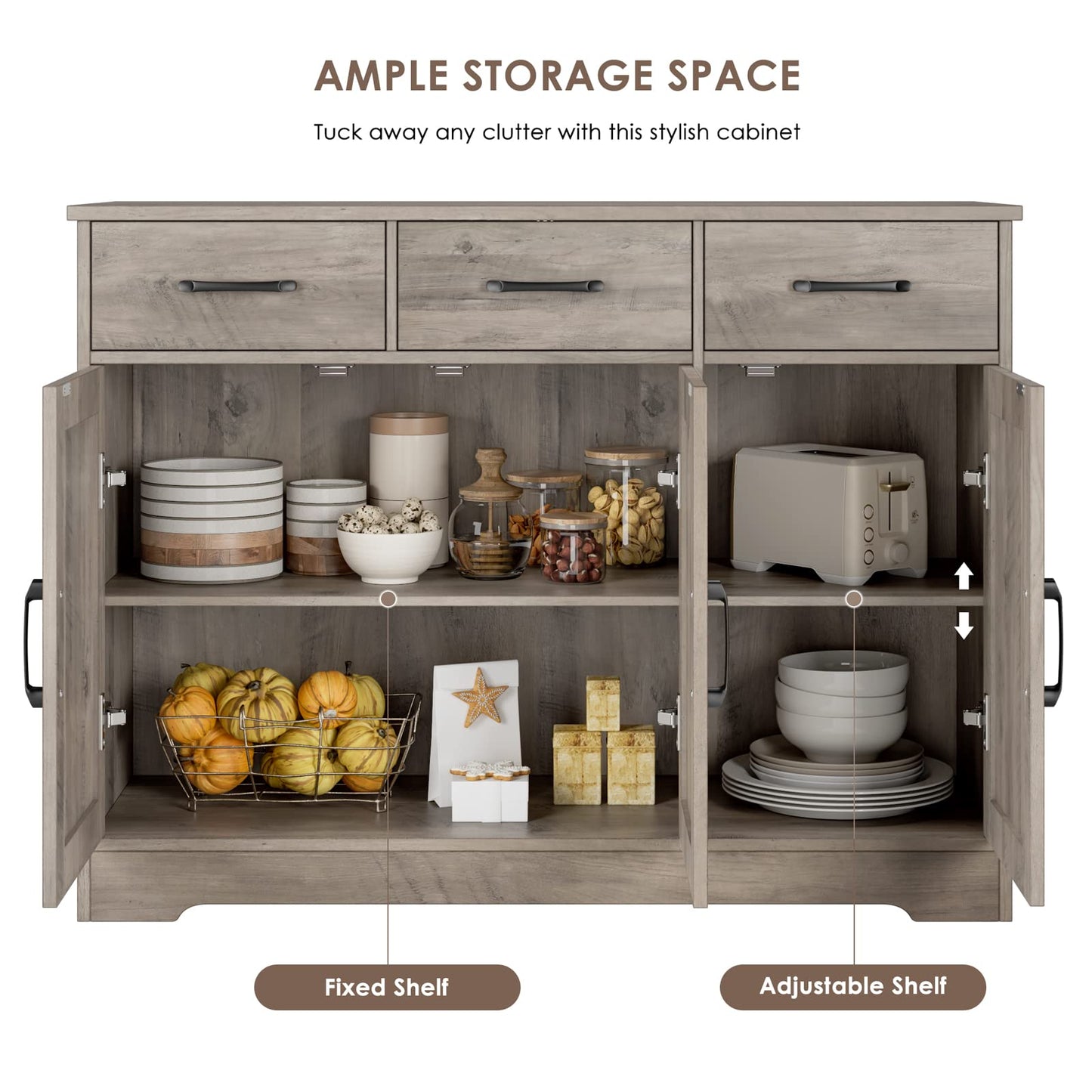 **HOSTACK Modern Farmhouse Buffet Sideboard Cabinet with Barn Doors, Drawers, and Shelves, Wood Coffee Bar Storage Cabinet for Dining Room, Kitchen, or Living Room, Ash Grey**
